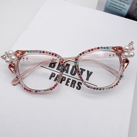 Fashion Solid Color Pc Cat Eye Inlaid Pearls Diamond Full Frame Optical Glassespicture12