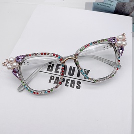 Fashion Solid Color Pc Cat Eye Inlaid Pearls Diamond Full Frame Optical Glassespicture10
