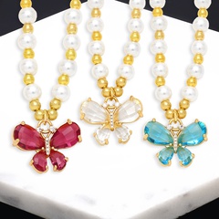 Simple Style Butterfly Imitation Pearl Copper Beaded Gold Plated Zircon Pendant Necklace 1 Piece