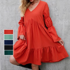 Fashion Solid Color V Neck Long Sleeve Ruffles Cotton Dresses Above Knee A-Line Skirt