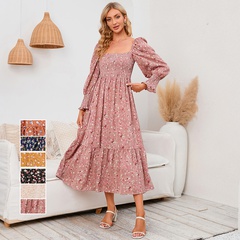Fashion Ditsy Floral Square Neck Long Sleeve Printing Polyester Chiffon Dresses Maxi Long Dress A-Line Skirt