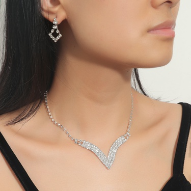Fashion Geometric Zircon Copper Necklace Earring Set—5