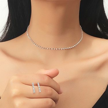 simple geometric full diamond copper clavicle chain earrings set—3