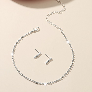 simple geometric full diamond copper clavicle chain earrings set—4