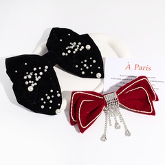 Fashion Bow Knot Flannel Bowknot Artificial Pearls Rhinestones Hair Clip 1 Piece