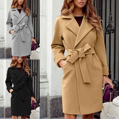 Fashion Solid Color Cashmere Tie Coat Woolen Coat