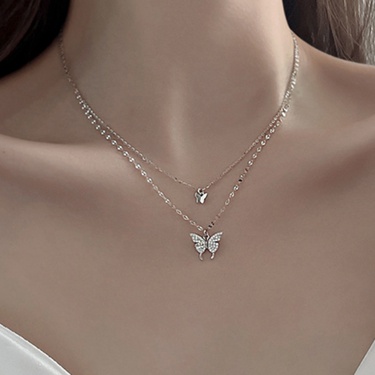 Europe and America Cross Border New Special-Interest Design Butterfly Necklace Set Geometric Diamond Korean Style Double-Layer Necklace All-Matching—5