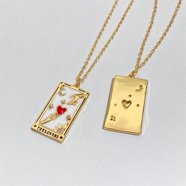 Electroplated Real Gold Vintage Tarot Pendant Necklace Pink Lover the Lovers Square Plate Clavicle Chain Cross-Border—3