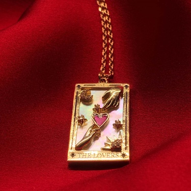 Electroplated Real Gold Vintage Tarot Pendant Necklace Pink Lover the Lovers Square Plate Clavicle Chain Cross-Border—1