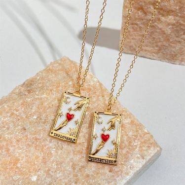 Electroplated Real Gold Vintage Tarot Pendant Necklace Pink Lover the Lovers Square Plate Clavicle Chain Cross-Border—5