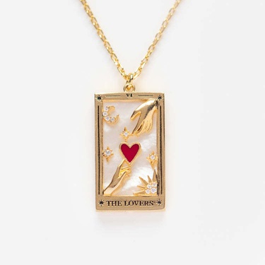 Electroplated Real Gold Vintage Tarot Pendant Necklace Pink Lover the Lovers Square Plate Clavicle Chain Cross-Border—2