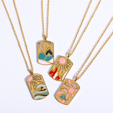 Europe and America Cross Border Ins Style Independent Station Hot Selling Tarot Four Elements Drop Oil Three-Dimensional Necklace Pendant 18K Gold Plated Copper—1