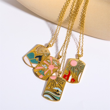 Europe and America Cross Border Ins Style Independent Station Hot Selling Tarot Four Elements Drop Oil Three-Dimensional Necklace Pendant 18K Gold Plated Copper—5