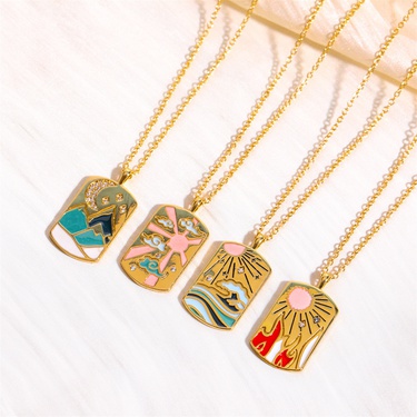 Europe and America Cross Border Ins Style Independent Station Hot Selling Tarot Four Elements Drop Oil Three-Dimensional Necklace Pendant 18K Gold Plated Copper—3