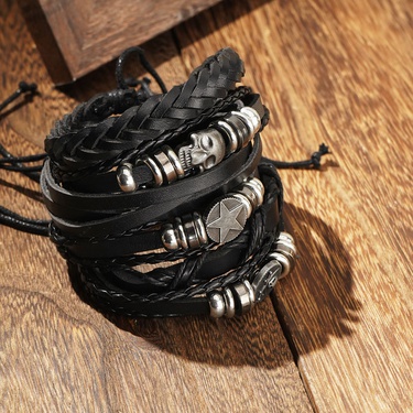 Cross-Border Men's DIY Woven Leather Bracelet Best Seller in Europe and America Skull Punk Combination Bracelet—5