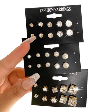 Europe and the United States Foreign Trade Sales Geometric Six-Claw Crystal Zircon Set 15 Pairs of Earrings Vintage Temperamental Pearl Stud Earrings—2
