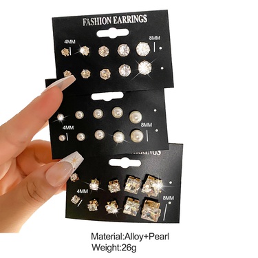 Europe and the United States Foreign Trade Sales Geometric Six-Claw Crystal Zircon Set 15 Pairs of Earrings Vintage Temperamental Pearl Stud Earrings—3
