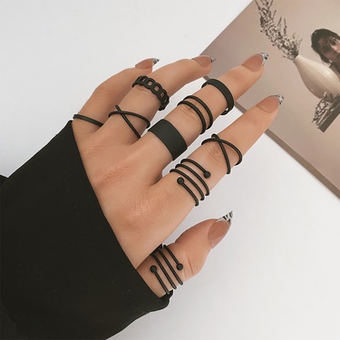 Exclusive for Cross-Border Best Seller in Europe and America New AliExpress Popular Black Paint Ring 9-Piece Cool Black Spring Ring—2