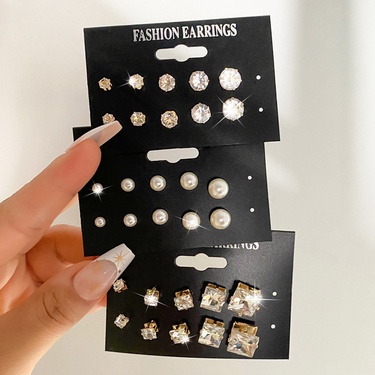 Europe and the United States Foreign Trade Sales Geometric Six-Claw Crystal Zircon Set 15 Pairs of Earrings Vintage Temperamental Pearl Stud Earrings—4