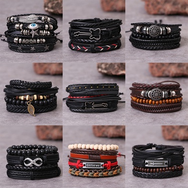 2125 European and American Foreign Trade Retro Multi-Layer Adjustable Leather Beaded Bracelet Hand-Woven Men's Bracelet Ornament—1