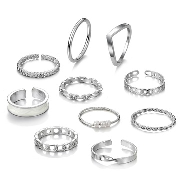 Korean Jewelry AliExpress Cross-Border European and American Complex Metal Twist Pearl Ring 10-Piece Set Simple Hollow Open Ring—2