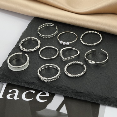 Korean Jewelry AliExpress Cross-Border European and American Complex Metal Twist Pearl Ring 10-Piece Set Simple Hollow Open Ring—5