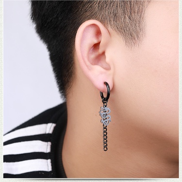 Baosalina Chinese Dragon Stud Earrings Titanium Steel Non-Pierced Earrings Men's Korean Earrings Tassel Chain Earrings—1