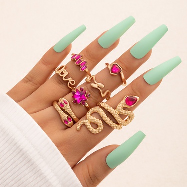 European and American Popular Ring Bracelet Letter Snake-Shaped Love Imitation Gem Diamond Ins Style Seven-Piece Ring Set—1