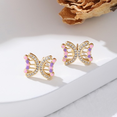 European and American Ins High-Profile Figure Drop Oil Hollow Butterfly Studs Earrings Copper Plating 18K Gold Micro Inlaid Zircon Earrings for Women—2