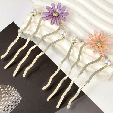 New Korean Hair Accessories All-Match Metal Pearl Hairpin Diamond Little Daisy Flower Hair Clasp Updo Bun Head Hairpin—2
