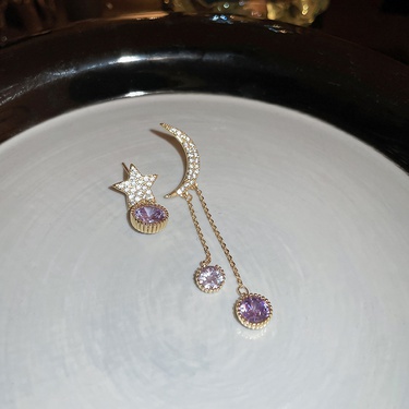 Silver Needle Zircon Star and Moon Earrings Fashion Design Ins Style Ear Studs Asymmetric Tassel Earrings  Female—2