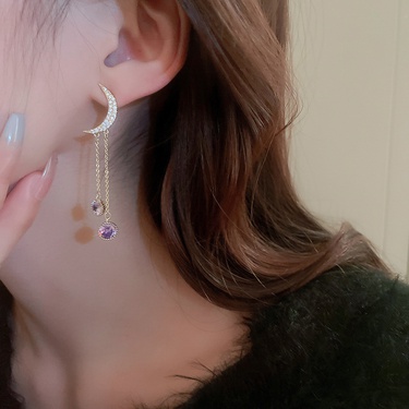 Silver Needle Zircon Star and Moon Earrings Fashion Design Ins Style Ear Studs Asymmetric Tassel Earrings  Female—3