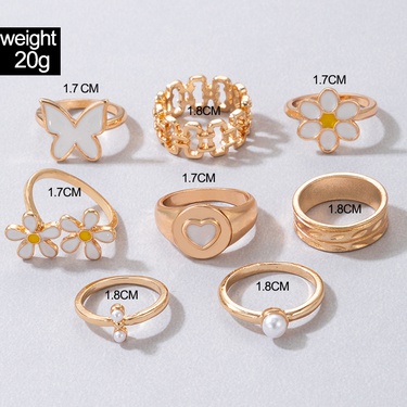 2023 Cross-Border New Arrival Dripping Butterfly Love Heart-Shaped Ring Set Geometric Flower Pearl Inlaid Eight-Piece Set Ring—5