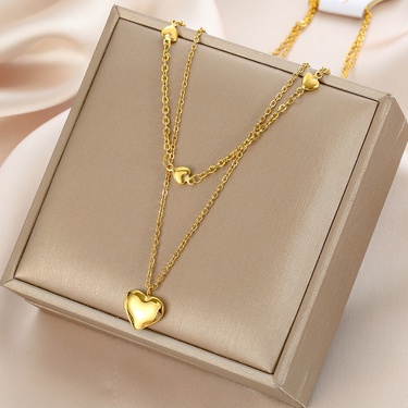 Warm Identification 18K Gold Double-Layer Heart-Shaped Titanium Steel Necklace Women's Light Luxury All-Match Pendant Anti-Fading Furnace Electroplating Real Gold—5