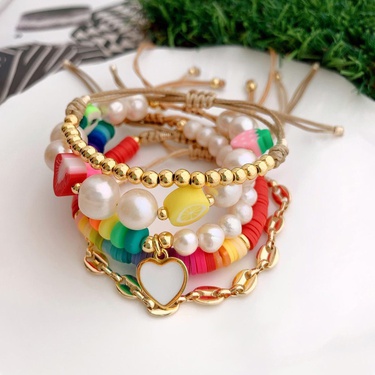 INS Bohemian Multi-Layer Twin Soft Pottery Heart Bracelet European and American Handmade Beaded Natural Pearl Bracelet for Women—1