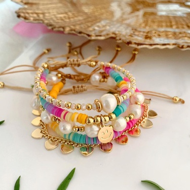 European and American Rainbow Soft Pottery Multi-Layer Twin Set Bohemian Hand-Woven Beads Natural Pearl Bracelet for Women—1