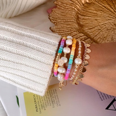 European and American Rainbow Soft Pottery Multi-Layer Twin Set Bohemian Hand-Woven Beads Natural Pearl Bracelet for Women—4