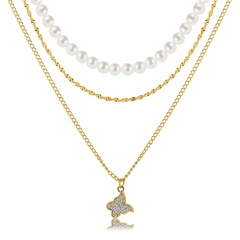Retro voller Strass Schmetterling Perle dreischichtige Goldlegierung Halskette Großhandel