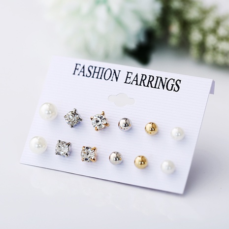 Fashion new pearl metal ball alloy inlaid rhinestone earrings set 6 pairs's discount tags