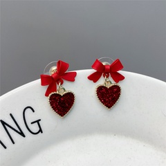 simple red heart earrings cute Korean bow alloy drop earrings