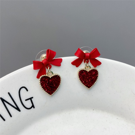 simple red heart earrings cute Korean bow alloy drop earrings's discount tags