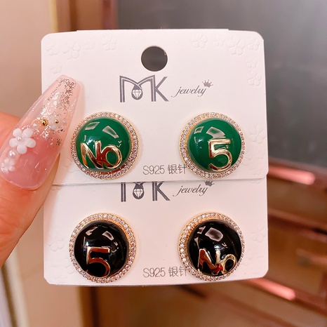 Real gold electroplating green color glaze Korean round full diamond copper earrings NHMKA629314's discount tags