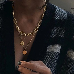 Vintage thick chain punk hollow chain double layers square pendant copper necklace