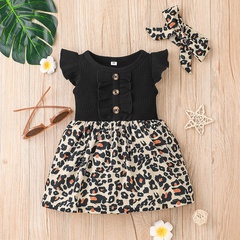 girls flying sleeve dress Europe and the United States leopard print stitching dress