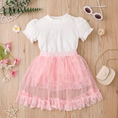 Simple girl puff sleeve top mesh skirt two-piece set children's clothing summer little girl skirt set