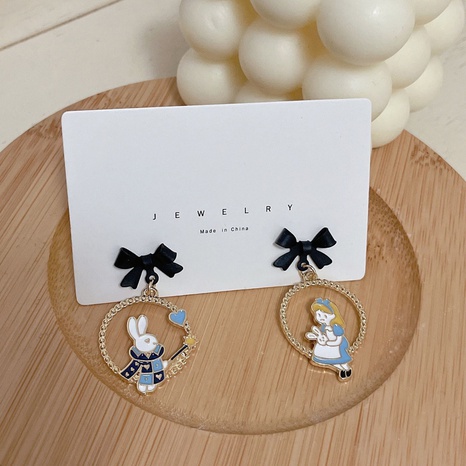 Korean Bow Rabbit Stud Earrings Sweet and Cute Asymmetric Oil Drop Earrings's discount tags