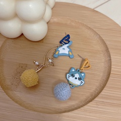 Korean cat earrings sweet and cute hair ball chain asymmetric earrings wholesale