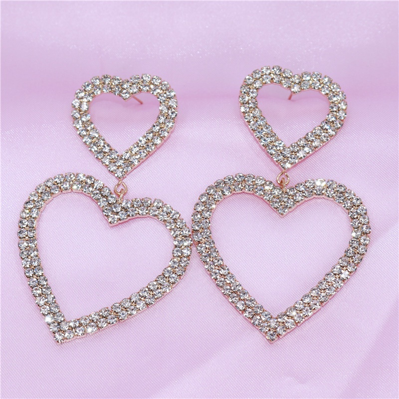 Europe and the United States trendy shiny rhinestones long double heartshaped earrings