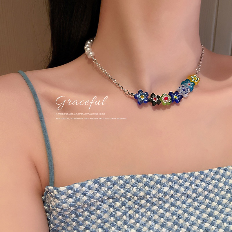 color glass daisy flower pearl color collarbone chain alloy necklace