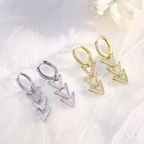 Fashion gold plated pendant chamfered triangle geometric zircon copper earrings's discount tags